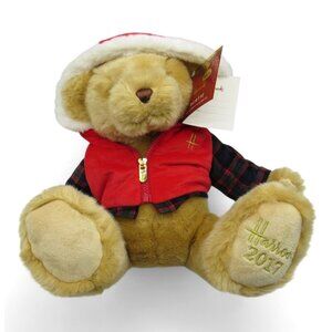 HARRODS 2017 Christmas BEAR Bertie With Red Hooded Vest And Plaid Shirt 10"